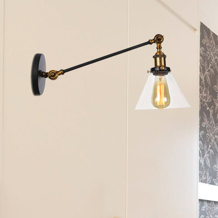 Lisslune | Industrial Conical Wall Lamp 1 Light Clear Glass Lighting in Black/Bronze/Brass, 8"/12" L Arm