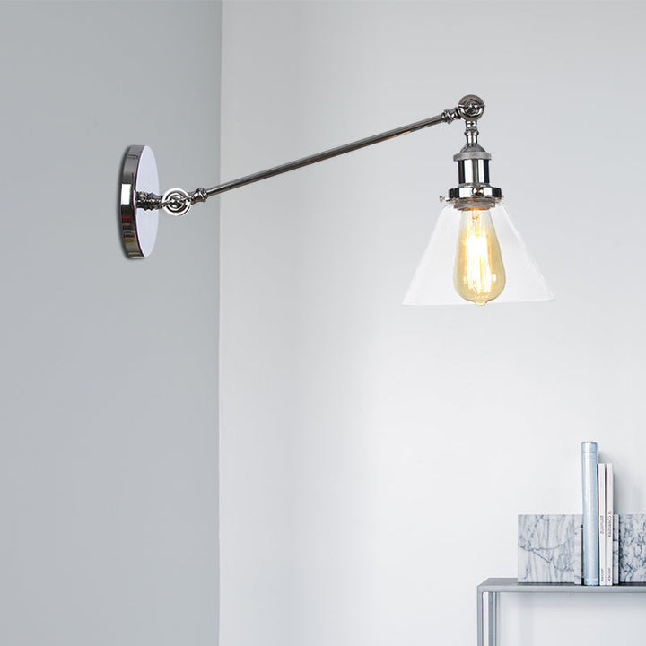 Lisslune | Industrial Conical Wall Lamp 1 Light Clear Glass Lighting in Black/Bronze/Brass, 8"/12" L Arm