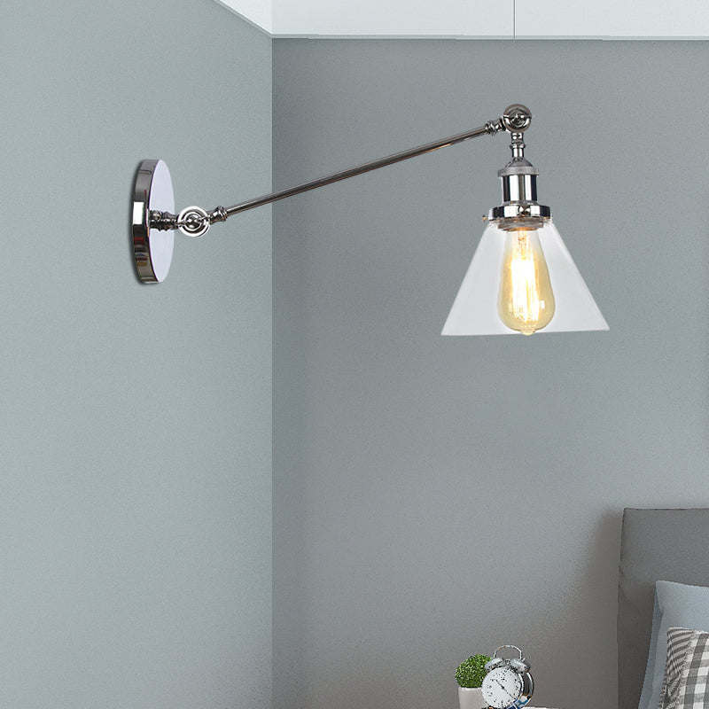 Lisslune | Industrial Conical Wall Lamp 1 Light Clear Glass Lighting in Black/Bronze/Brass, 8"/12" L Arm