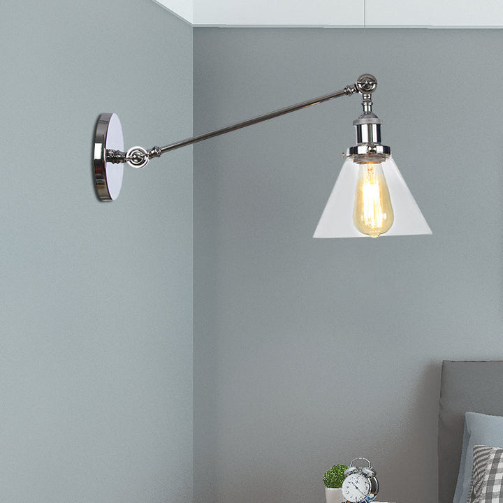 Lisslune | Industrial Conical Wall Lamp 1 Light Clear Glass Lighting in Black/Bronze/Brass, 8"/12" L Arm