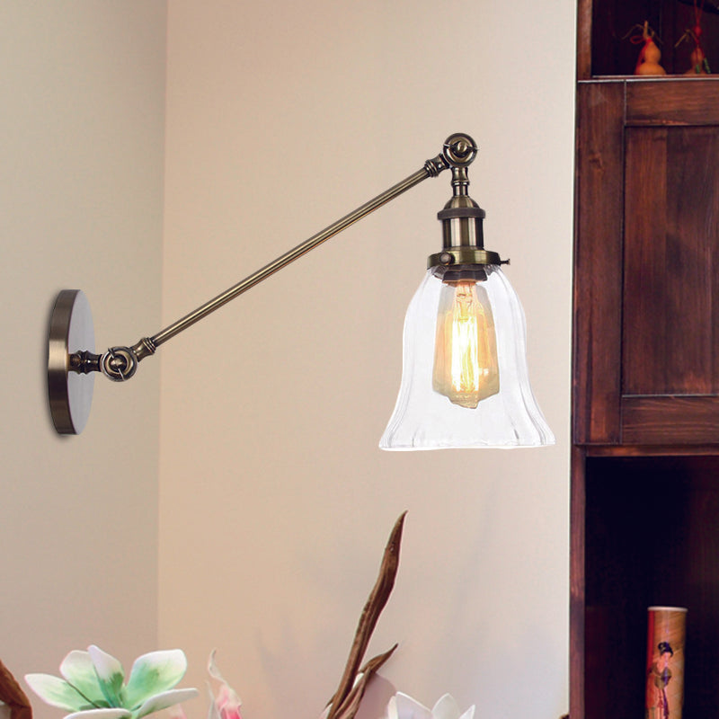 Lisslune | Black/Bronze/Brass 1 Light Wall Lighting Unit Vintage Clear Glass Bell Wall Lamp with Arm, 8"/12" Long