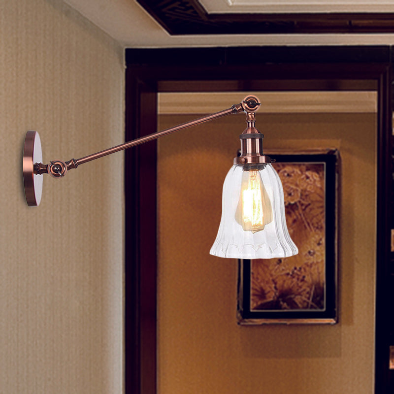 Lisslune | Black/Bronze/Brass 1 Light Wall Lighting Unit Vintage Clear Glass Bell Wall Lamp with Arm, 8"/12" Long