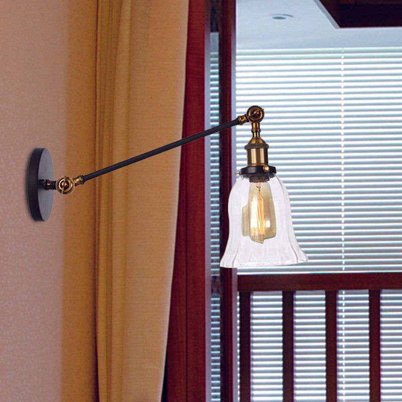 Lisslune | Black/Bronze/Brass 1 Light Wall Lighting Unit Vintage Clear Glass Bell Wall Lamp with Arm, 8"/12" Long