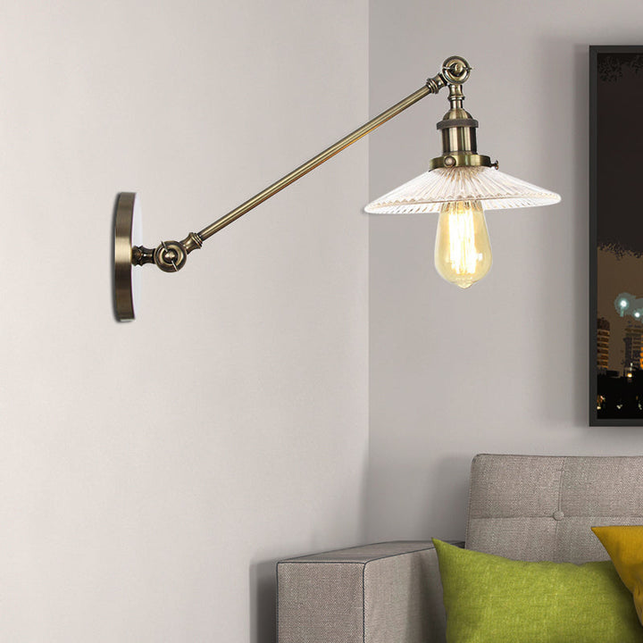 Lisslune | Clear Ribbed Glass Bronze/Brass/Copper Wall Mounted Lamp Shade 1 Light Vintage Lighting Fixture, 8"/12" L Arm