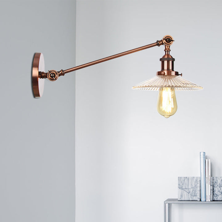Lisslune | Clear Ribbed Glass Bronze/Brass/Copper Wall Mounted Lamp Shade 1 Light Vintage Lighting Fixture, 8"/12" L Arm