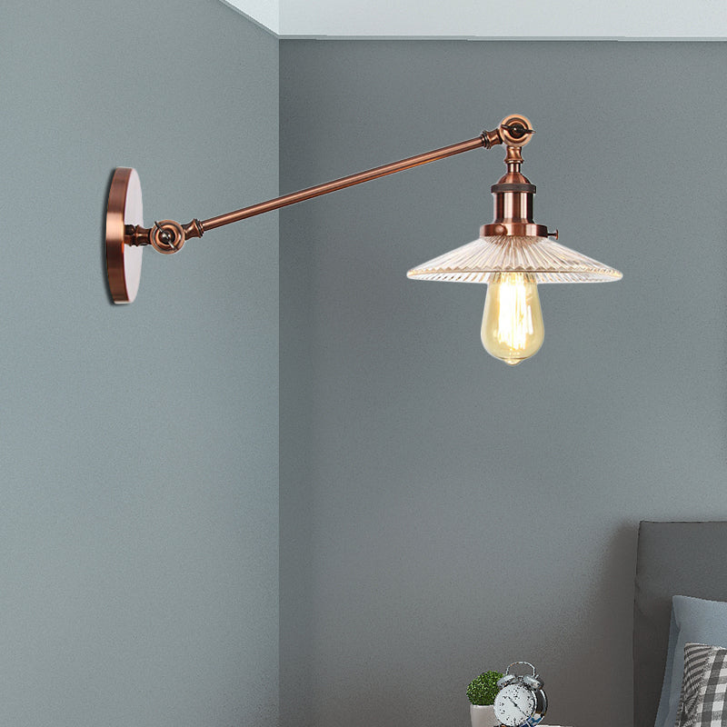 Lisslune | Clear Ribbed Glass Bronze/Brass/Copper Wall Mounted Lamp Shade 1 Light Vintage Lighting Fixture, 8"/12" L Arm
