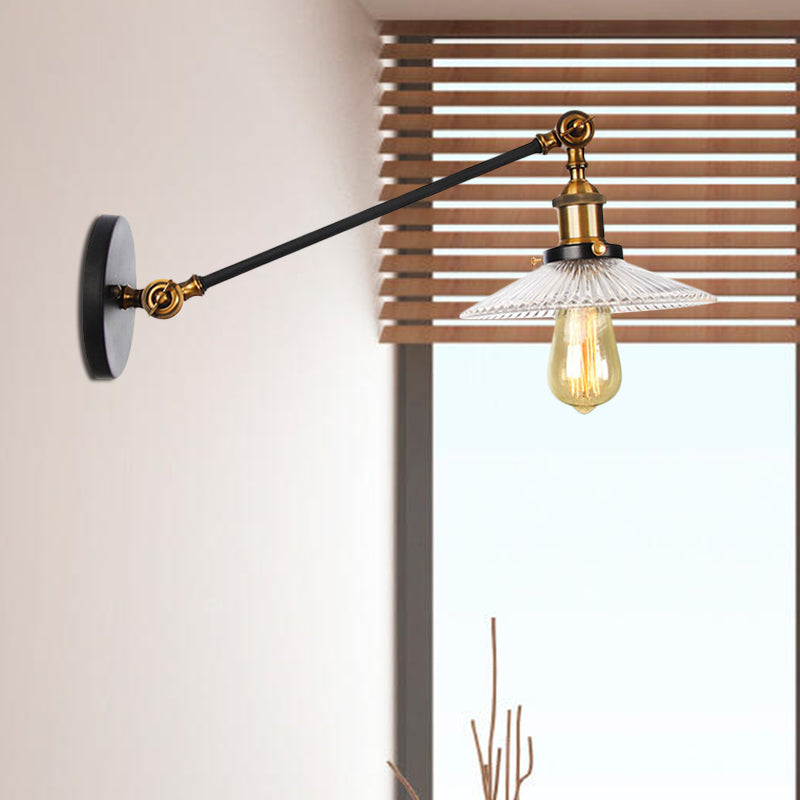 Lisslune | Clear Ribbed Glass Bronze/Brass/Copper Wall Mounted Lamp Shade 1 Light Vintage Lighting Fixture, 8"/12" L Arm