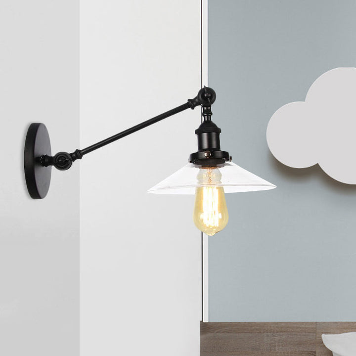 Lisslune | 1 Light Indoor Wall Lamp Vintage Black/Brass/Bronze Lighting Fixture with Cone Transparent Glass Shade, 8"/12" L Arm
