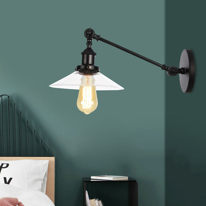 Lisslune | 1 Light Indoor Wall Lamp Vintage Black/Brass/Bronze Lighting Fixture with Cone Transparent Glass Shade, 8"/12" L Arm
