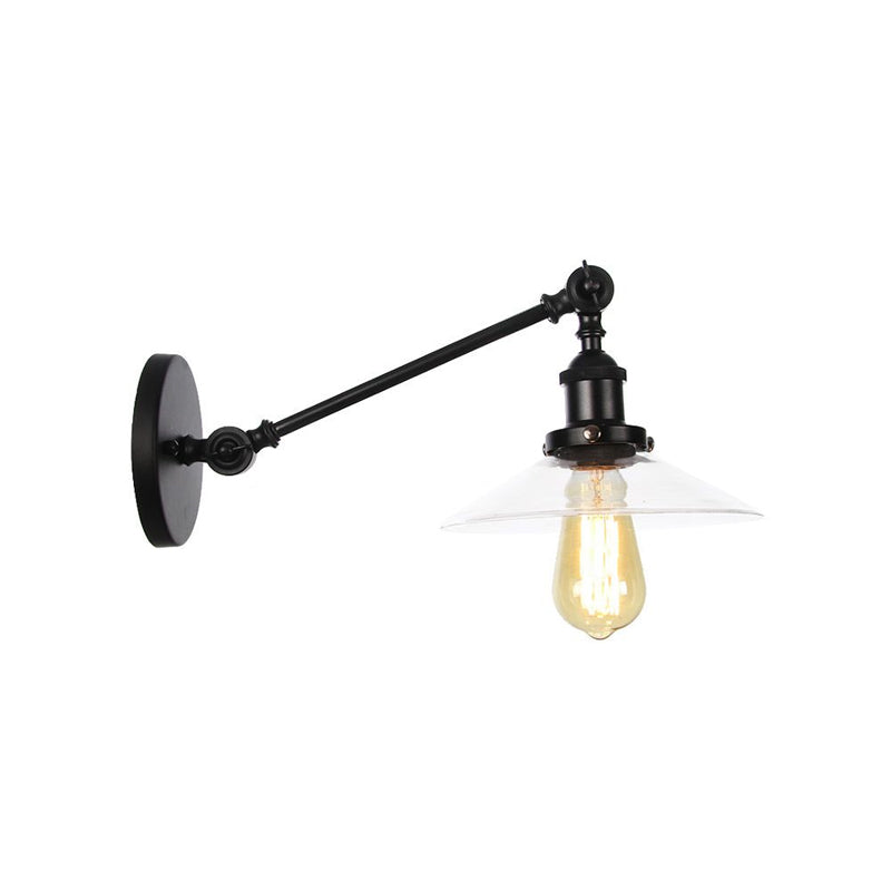 Lisslune | 1 Light Indoor Wall Lamp Vintage Black/Brass/Bronze Lighting Fixture with Cone Transparent Glass Shade, 8"/12" L Arm