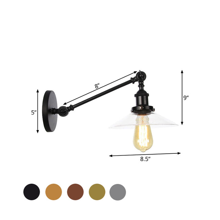 Lisslune | 1 Light Indoor Wall Lamp Vintage Black/Brass/Bronze Lighting Fixture with Cone Transparent Glass Shade, 8"/12" L Arm