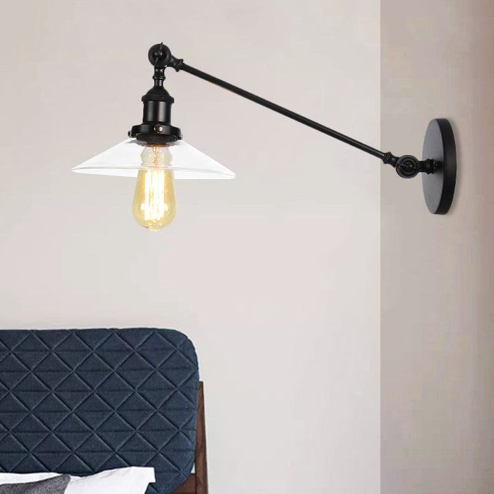 Lisslune | 1 Light Indoor Wall Lamp Vintage Black/Brass/Bronze Lighting Fixture with Cone Transparent Glass Shade, 8"/12" L Arm
