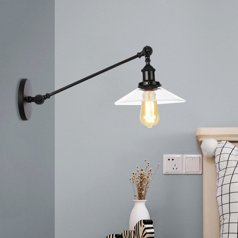 Lisslune | 1 Light Indoor Wall Lamp Vintage Black/Brass/Bronze Lighting Fixture with Cone Transparent Glass Shade, 8"/12" L Arm