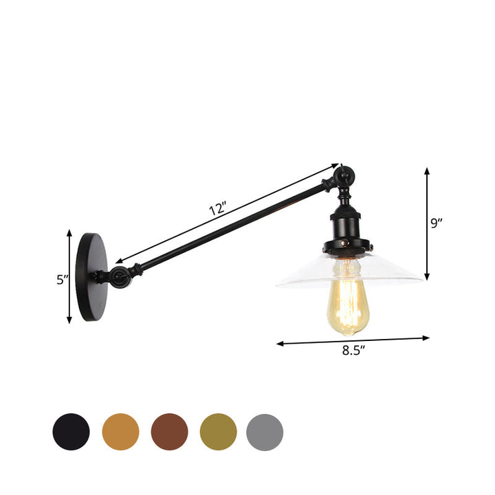 Lisslune | 1 Light Indoor Wall Lamp Vintage Black/Brass/Bronze Lighting Fixture with Cone Transparent Glass Shade, 8"/12" L Arm