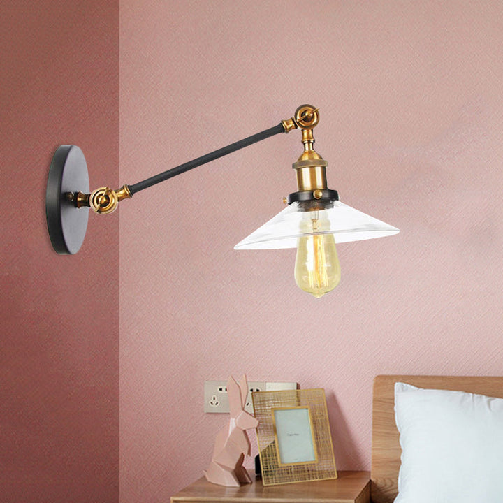 Lisslune | 1 Light Indoor Wall Lamp Vintage Black/Brass/Bronze Lighting Fixture with Cone Transparent Glass Shade, 8"/12" L Arm