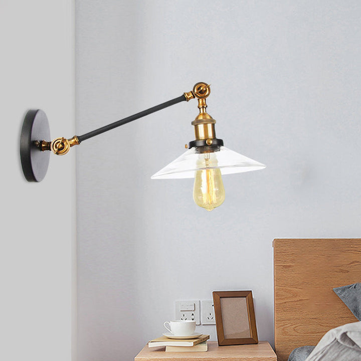 Lisslune | 1 Light Indoor Wall Lamp Vintage Black/Brass/Bronze Lighting Fixture with Cone Transparent Glass Shade, 8"/12" L Arm