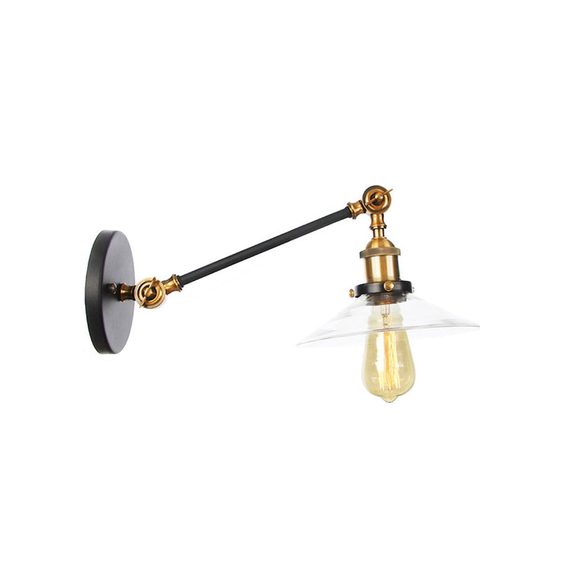Lisslune | 1 Light Indoor Wall Lamp Vintage Black/Brass/Bronze Lighting Fixture with Cone Transparent Glass Shade, 8"/12" L Arm