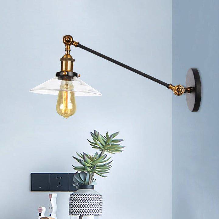 Lisslune | 1 Light Indoor Wall Lamp Vintage Black/Brass/Bronze Lighting Fixture with Cone Transparent Glass Shade, 8"/12" L Arm