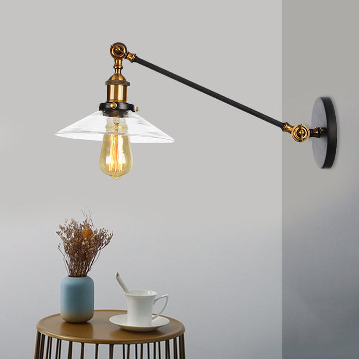 Lisslune | 1 Light Indoor Wall Lamp Vintage Black/Brass/Bronze Lighting Fixture with Cone Transparent Glass Shade, 8"/12" L Arm