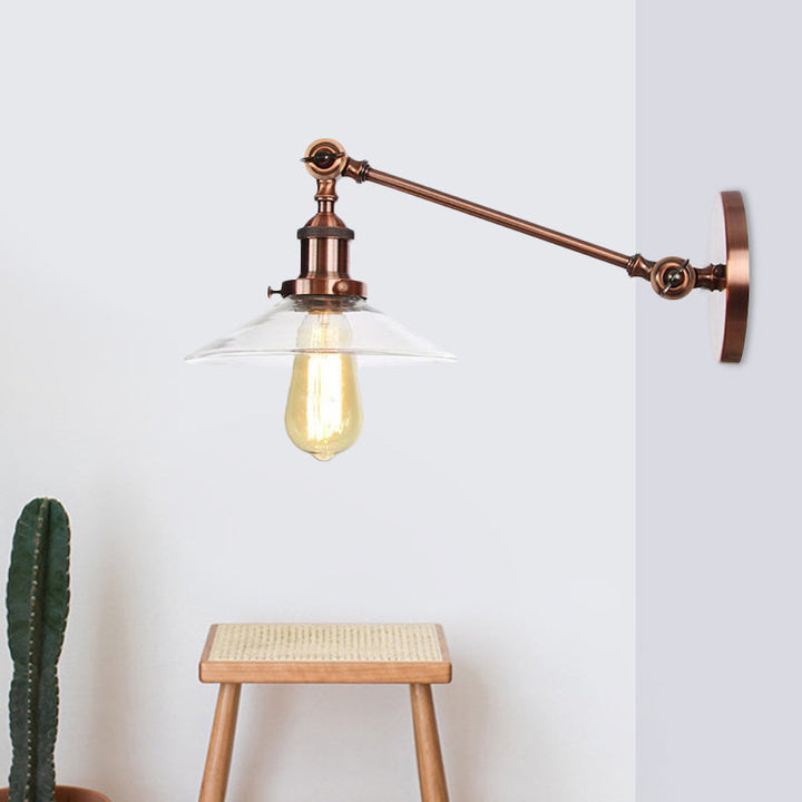 Lisslune | 1 Light Indoor Wall Lamp Vintage Black/Brass/Bronze Lighting Fixture with Cone Transparent Glass Shade, 8"/12" L Arm