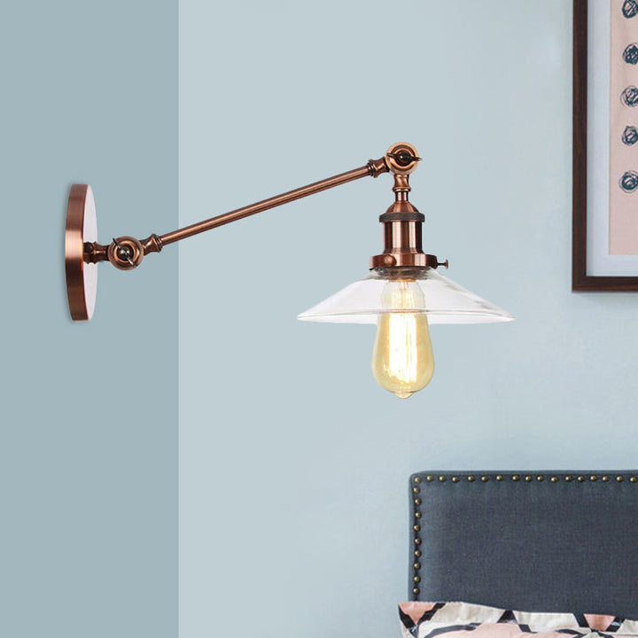 Lisslune | 1 Light Indoor Wall Lamp Vintage Black/Brass/Bronze Lighting Fixture with Cone Transparent Glass Shade, 8"/12" L Arm