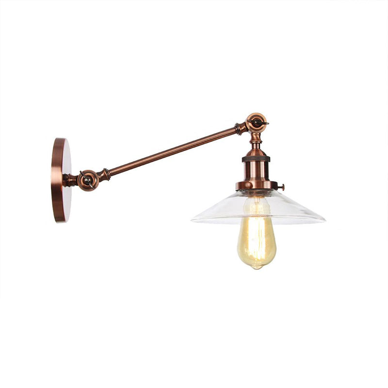 Lisslune | 1 Light Indoor Wall Lamp Vintage Black/Brass/Bronze Lighting Fixture with Cone Transparent Glass Shade, 8"/12" L Arm