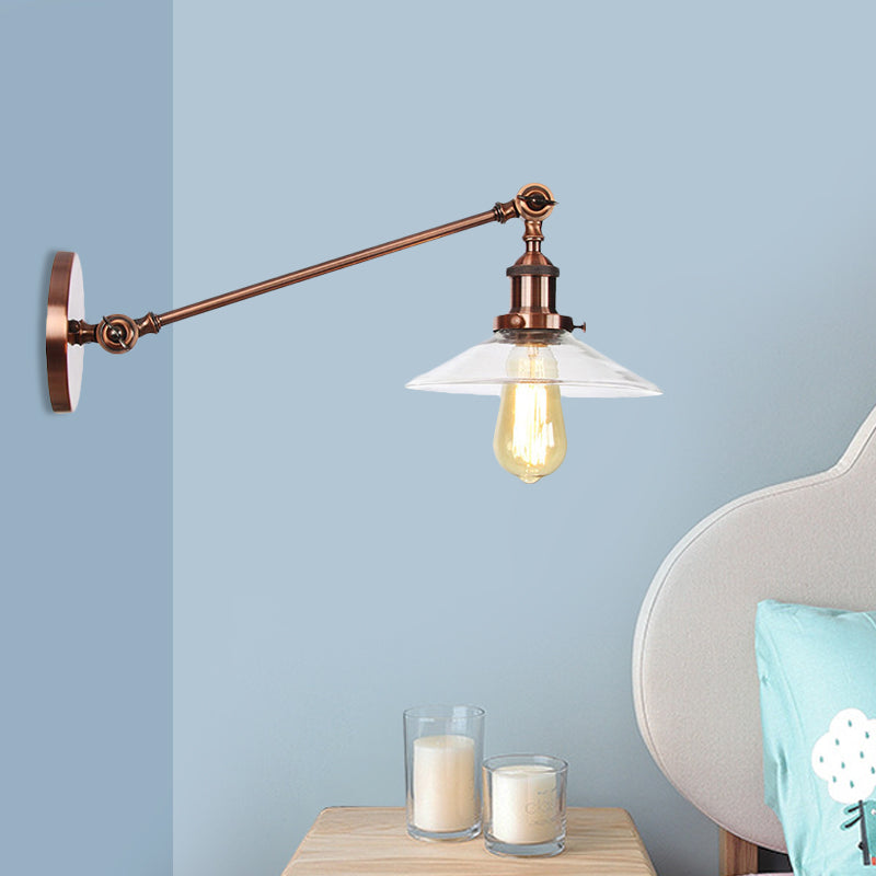 Lisslune | 1 Light Indoor Wall Lamp Vintage Black/Brass/Bronze Lighting Fixture with Cone Transparent Glass Shade, 8"/12" L Arm