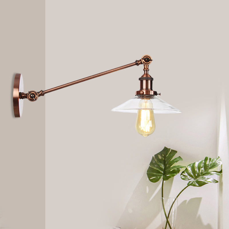 Lisslune | 1 Light Indoor Wall Lamp Vintage Black/Brass/Bronze Lighting Fixture with Cone Transparent Glass Shade, 8"/12" L Arm