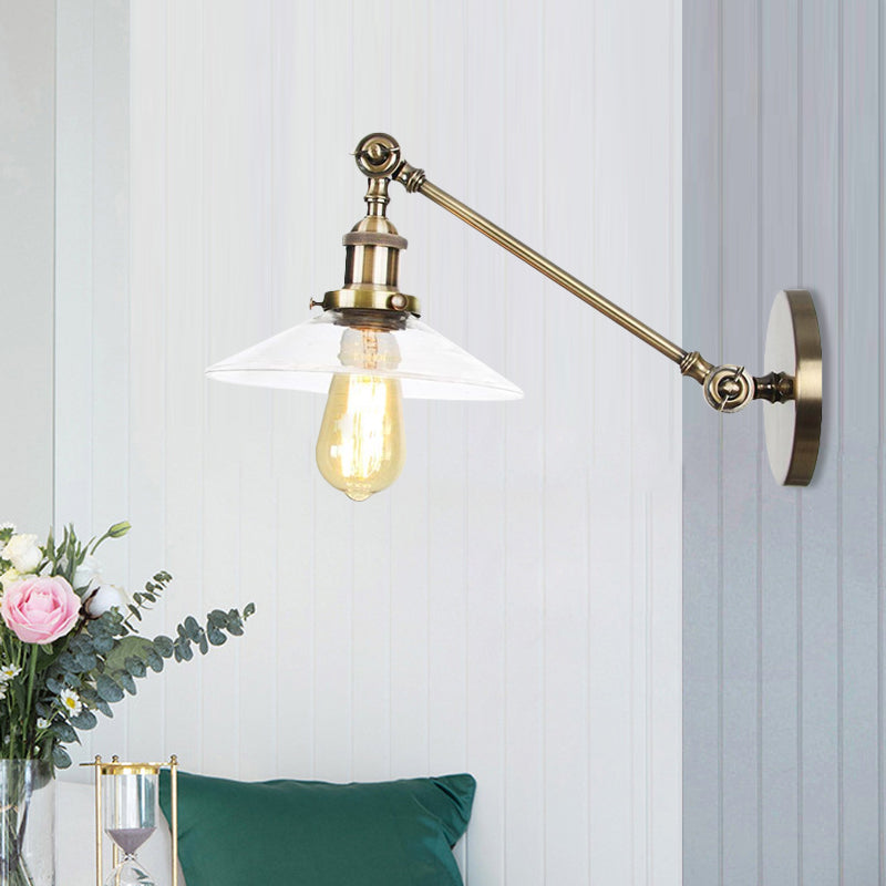 Lisslune | 1 Light Indoor Wall Lamp Vintage Black/Brass/Bronze Lighting Fixture with Cone Transparent Glass Shade, 8"/12" L Arm