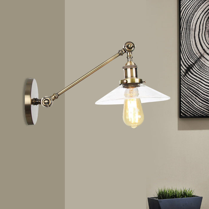Lisslune | 1 Light Indoor Wall Lamp Vintage Black/Brass/Bronze Lighting Fixture with Cone Transparent Glass Shade, 8"/12" L Arm