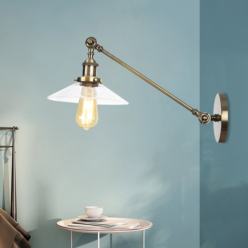 Lisslune | 1 Light Indoor Wall Lamp Vintage Black/Brass/Bronze Lighting Fixture with Cone Transparent Glass Shade, 8"/12" L Arm
