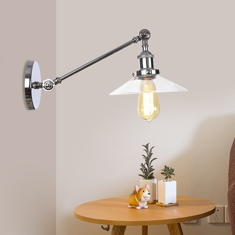 Lisslune | 1 Light Indoor Wall Lamp Vintage Black/Brass/Bronze Lighting Fixture with Cone Transparent Glass Shade, 8"/12" L Arm