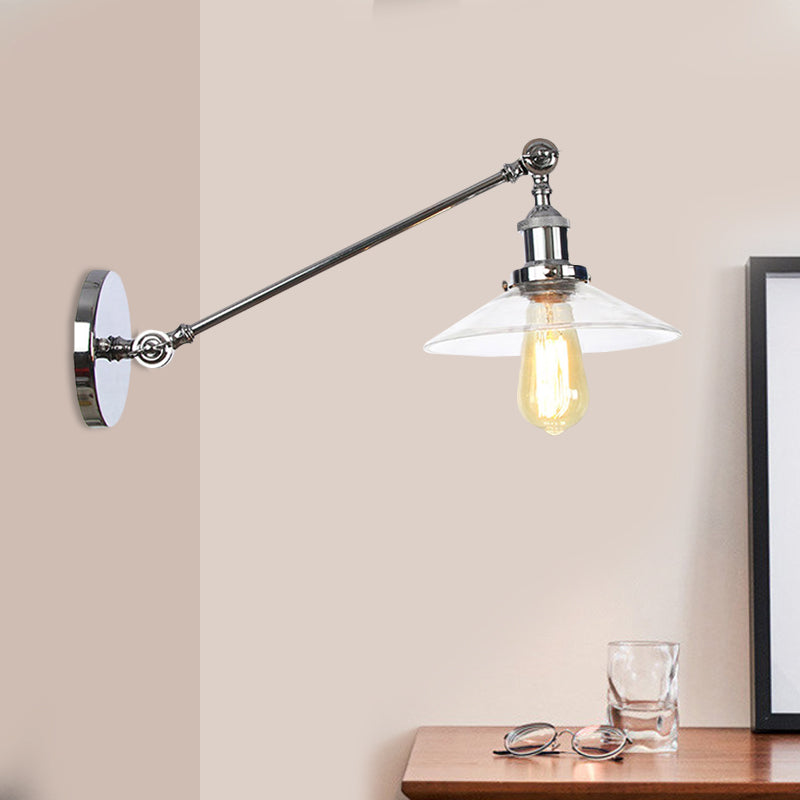 Lisslune | 1 Light Indoor Wall Lamp Vintage Black/Brass/Bronze Lighting Fixture with Cone Transparent Glass Shade, 8"/12" L Arm