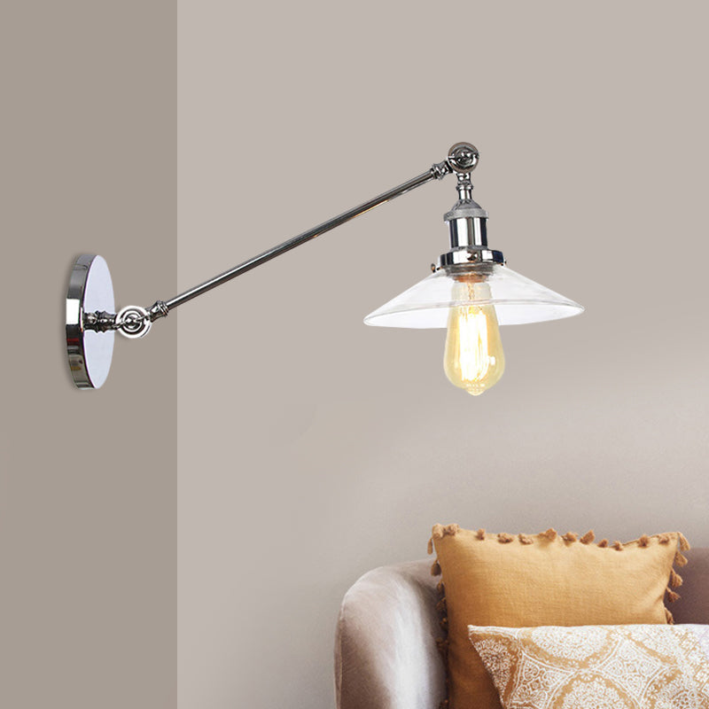 Lisslune | 1 Light Indoor Wall Lamp Vintage Black/Brass/Bronze Lighting Fixture with Cone Transparent Glass Shade, 8"/12" L Arm