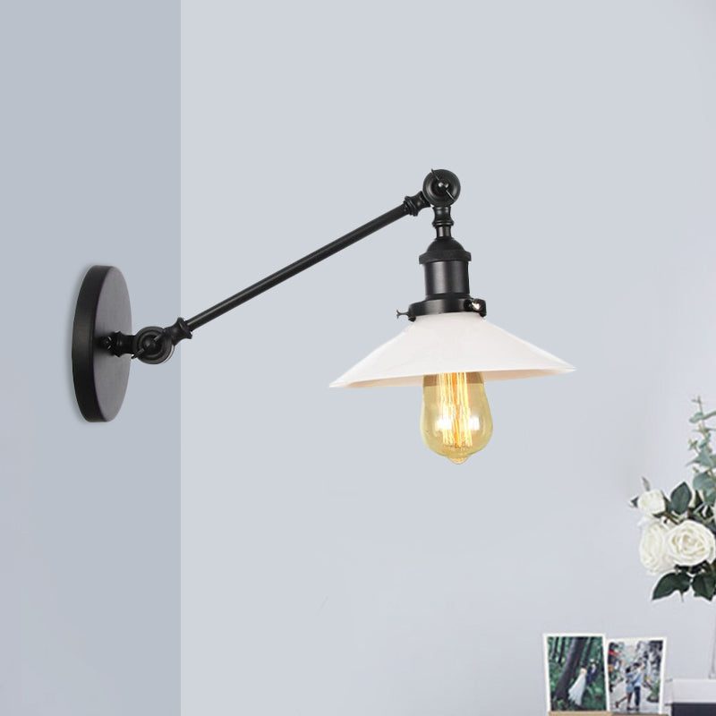 Lisslune | Industrial Conical Wall Lamp 1 Light Opal Glass Wall Lamp in Black/Copper/Brass with Arm, 8"/12" L