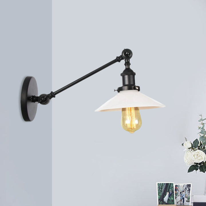 Lisslune | Industrial Conical Wall Lamp 1 Light Opal Glass Wall Lamp in Black/Copper/Brass with Arm, 8"/12" L