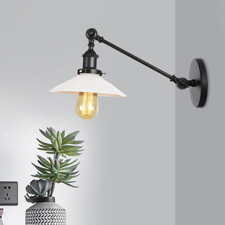 Lisslune | Industrial Conical Wall Lamp 1 Light Opal Glass Wall Lamp in Black/Copper/Brass with Arm, 8"/12" L