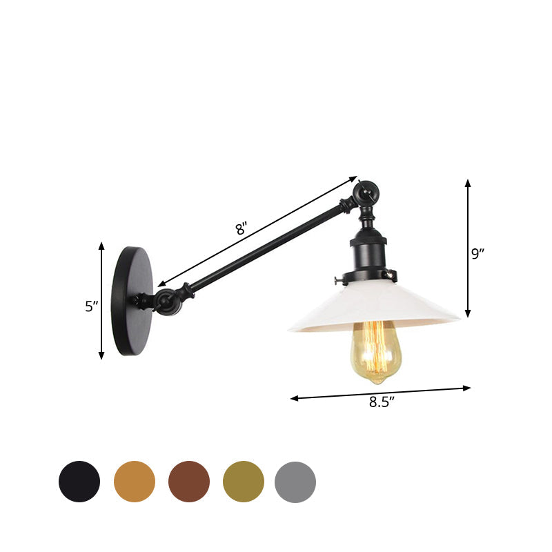 Lisslune | Industrial Conical Wall Lamp 1 Light Opal Glass Wall Lamp in Black/Copper/Brass with Arm, 8"/12" L