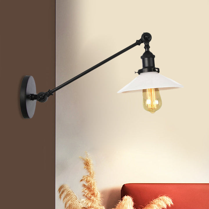 Lisslune | Industrial Conical Wall Lamp 1 Light Opal Glass Wall Lamp in Black/Copper/Brass with Arm, 8"/12" L