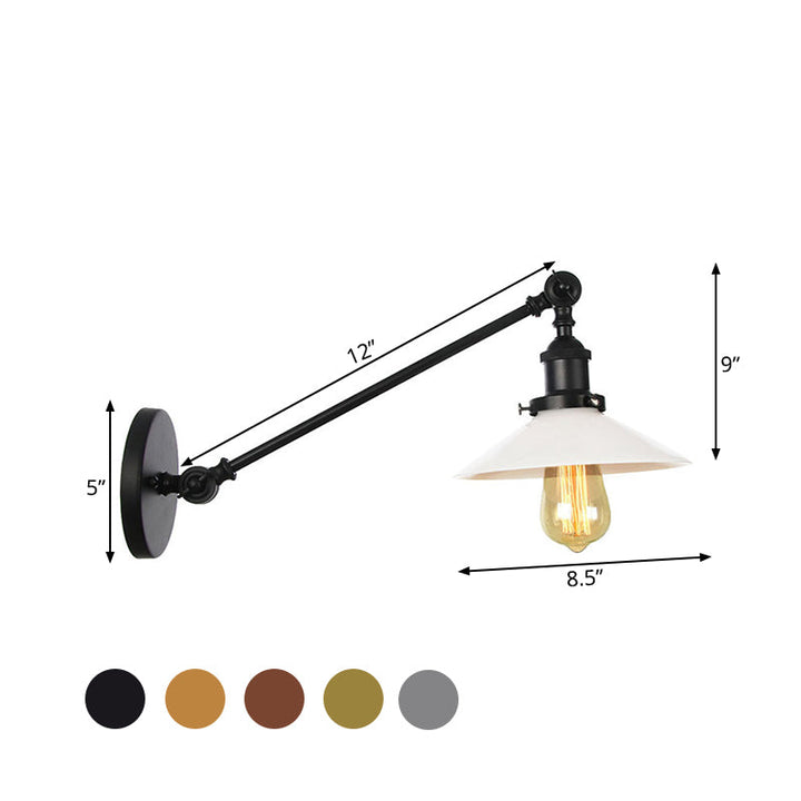 Lisslune | Industrial Conical Wall Lamp 1 Light Opal Glass Wall Lamp in Black/Copper/Brass with Arm, 8"/12" L