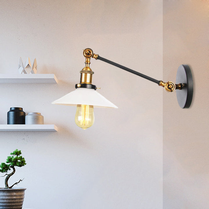 Lisslune | Industrial Conical Wall Lamp 1 Light Opal Glass Wall Lamp in Black/Copper/Brass with Arm, 8"/12" L