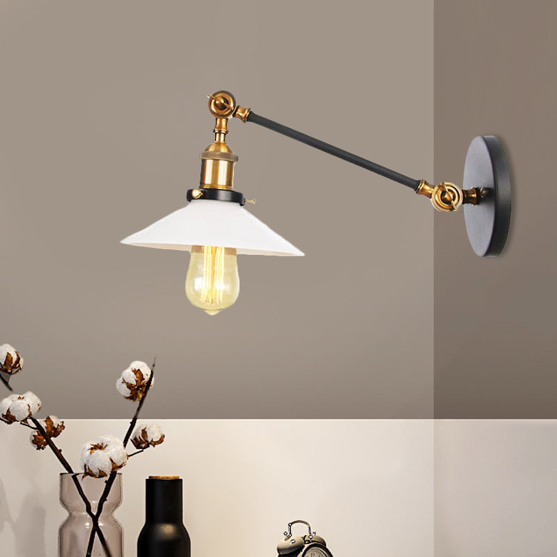 Lisslune | Industrial Conical Wall Lamp 1 Light Opal Glass Wall Lamp in Black/Copper/Brass with Arm, 8"/12" L
