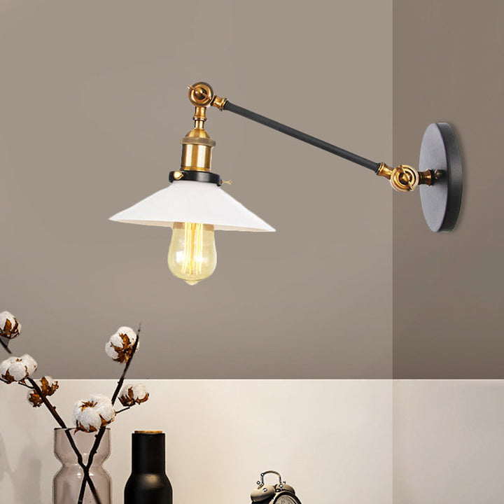 Lisslune | Industrial Conical Wall Lamp 1 Light Opal Glass Wall Lamp in Black/Copper/Brass with Arm, 8"/12" L