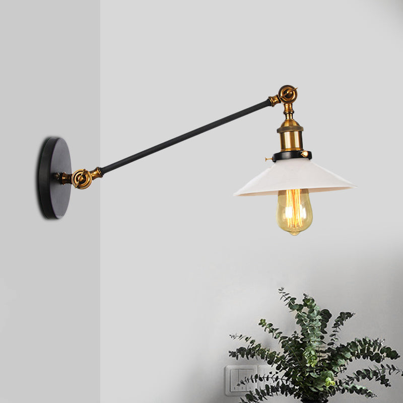 Lisslune | Industrial Conical Wall Lamp 1 Light Opal Glass Wall Lamp in Black/Copper/Brass with Arm, 8"/12" L