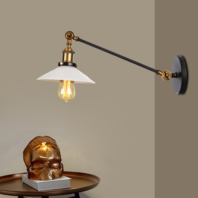 Lisslune | Industrial Conical Wall Lamp 1 Light Opal Glass Wall Lamp in Black/Copper/Brass with Arm, 8"/12" L