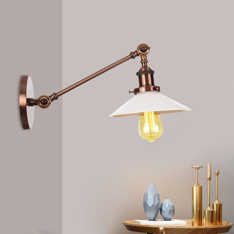 Lisslune | Industrial Conical Wall Lamp 1 Light Opal Glass Wall Lamp in Black/Copper/Brass with Arm, 8"/12" L