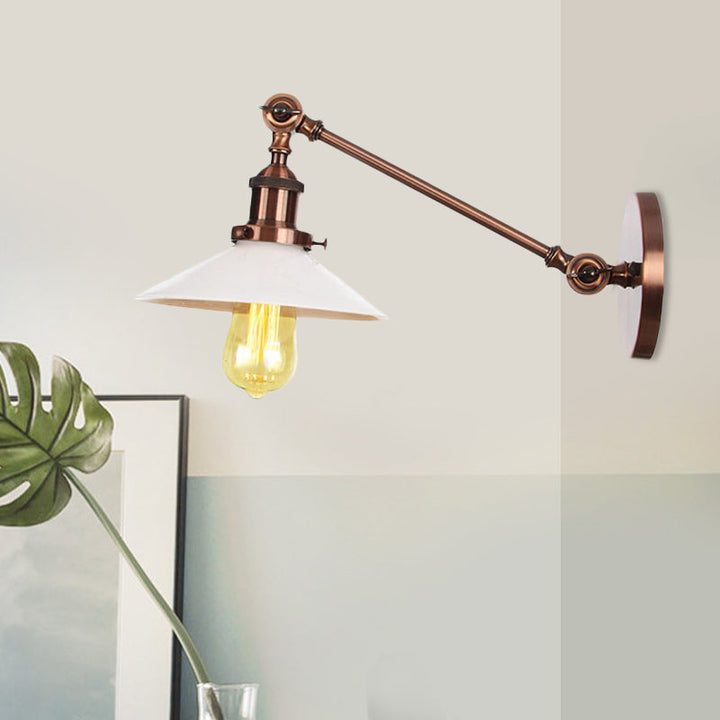 Lisslune | Industrial Conical Wall Lamp 1 Light Opal Glass Wall Lamp in Black/Copper/Brass with Arm, 8"/12" L