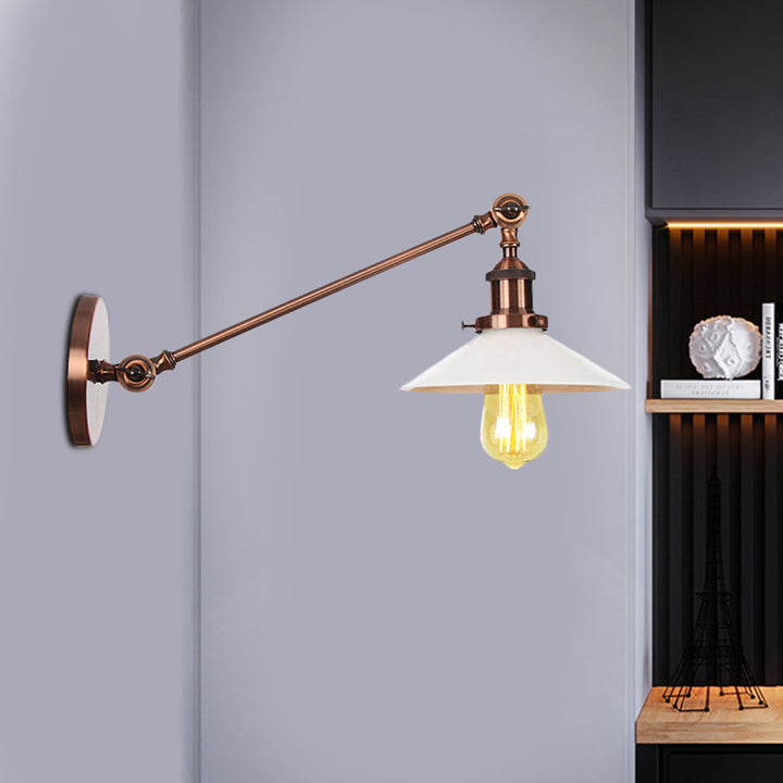Lisslune | Industrial Conical Wall Lamp 1 Light Opal Glass Wall Lamp in Black/Copper/Brass with Arm, 8"/12" L