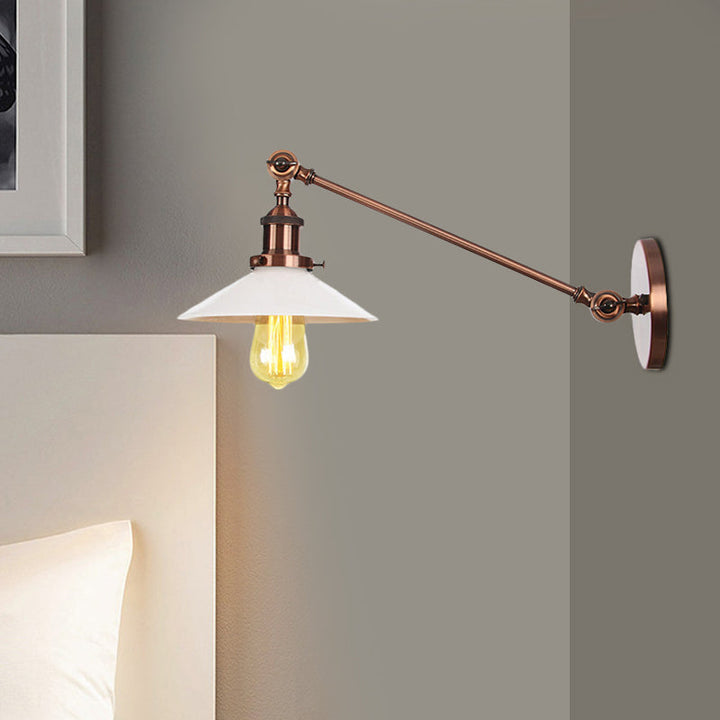 Lisslune | Industrial Conical Wall Lamp 1 Light Opal Glass Wall Lamp in Black/Copper/Brass with Arm, 8"/12" L