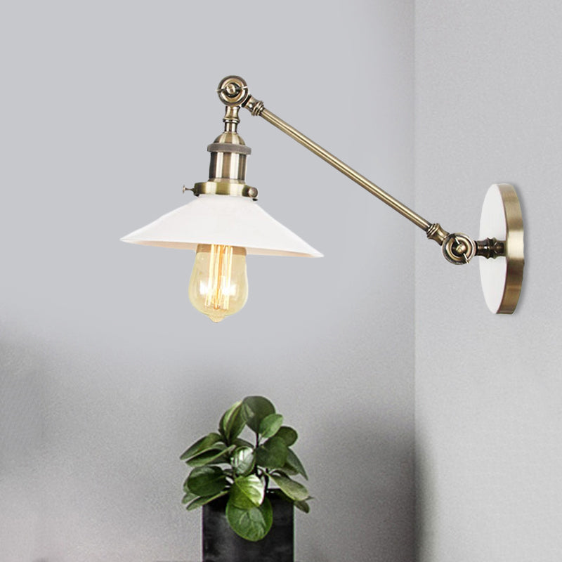 Lisslune | Industrial Conical Wall Lamp 1 Light Opal Glass Wall Lamp in Black/Copper/Brass with Arm, 8"/12" L